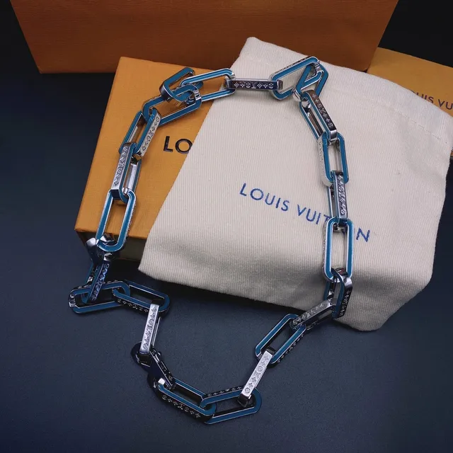 Louis Vuitton Blue Black Enamel-Coated Rectangular Links Pavé-Set Crystal Accents Necklace 4