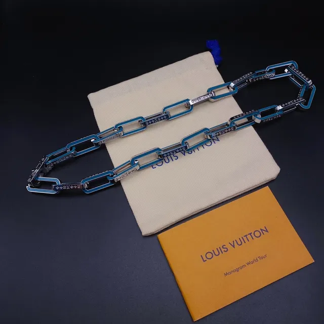 Louis Vuitton Blue Black Enamel-Coated Rectangular Links Pavé-Set Crystal Accents Necklace 6