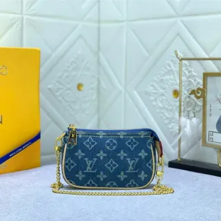 Louis Vuitton Blue Gold Denim Monogram Strap Chain Bag