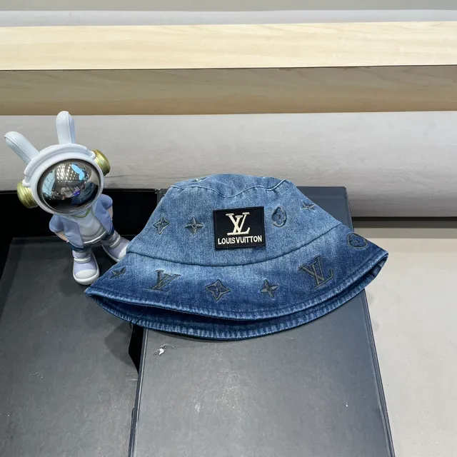 Louis Vuitton Blue Navy Denim Exterior Monogram-Lined Interior Bucket Hat 2