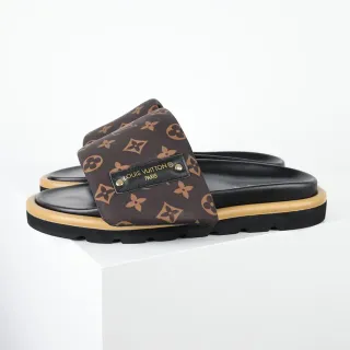 Louis Vuitton भूरी बेज मोनोग्राम कैनवास पट्टी काला फुटबेड स्लिपर्स