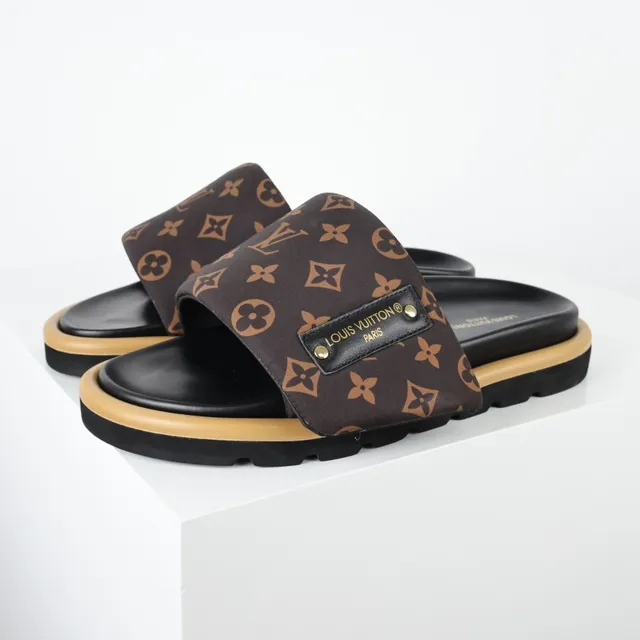 Louis Vuitton Brown Beige Monogram Canvas Strap Black Footbed Slippers 2