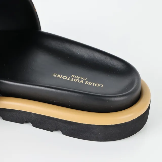 Louis Vuitton Brown Beige Monogram Canvas Strap Black Footbed Slippers 4