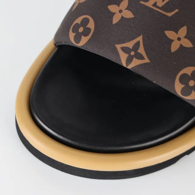 Louis Vuitton Brown Beige Monogram Canvas Strap Black Footbed Slippers 5