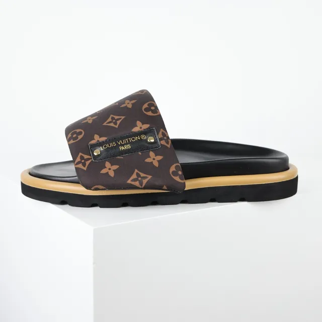 Louis Vuitton Brown Beige Monogram Canvas Strap Black Footbed Slippers 9
