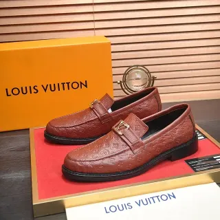 Louis Vuitton Brown Black Monogram-Embossed Leather Gold-Tone LV Buckle Strap Loafer