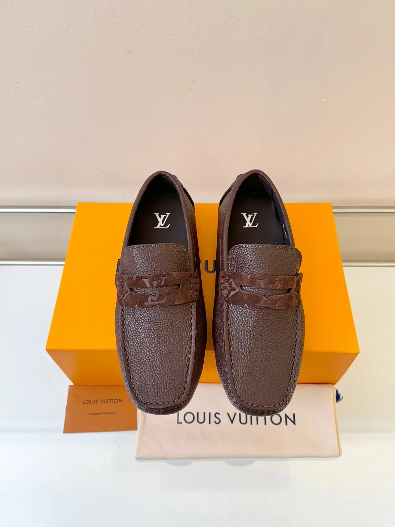 Louis Vuitton Brown Black Pebbled Leather Monogrammed Strap Loafer 6