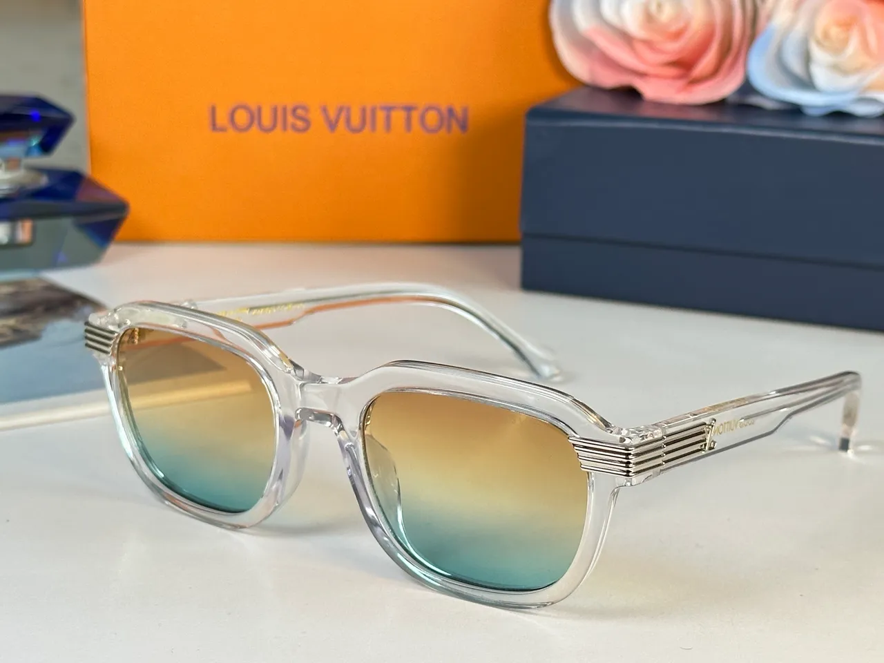 Louis Vuitton Brown Black Rectangular Acetate Frames Triple-Bar Temple Accents Sunglasses 6