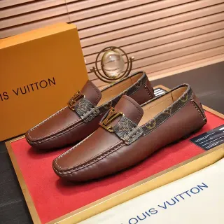 Louis Vuitton भूरा सोने का चमड़े की मोनोग्राम स्ट्रैप लोफर