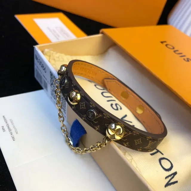 Louis Vuitton Brown Gold Monogram-Coated Leather Chain Accent Bracelet 2