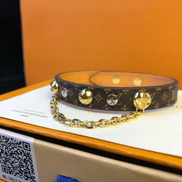 Louis Vuitton Brown Gold Monogram-Coated Leather Chain Accent Bracelet 3