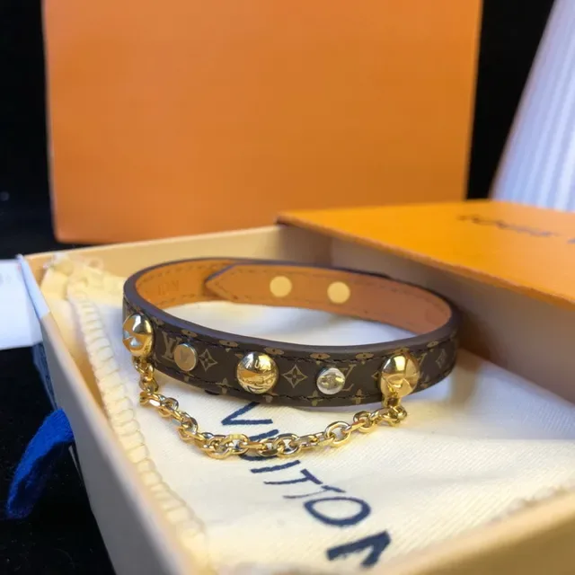 Louis Vuitton Brown Gold Monogram-Coated Leather Chain Accent Bracelet 4