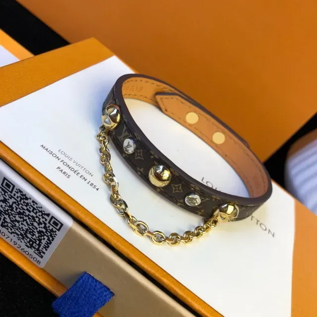 Louis Vuitton Brown Gold Monogram-Coated Leather Chain Accent Bracelet 5