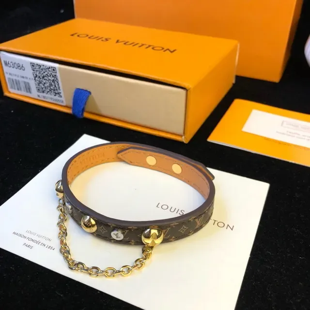 Louis Vuitton Brown Gold Monogram-Coated Leather Chain Accent Bracelet 7