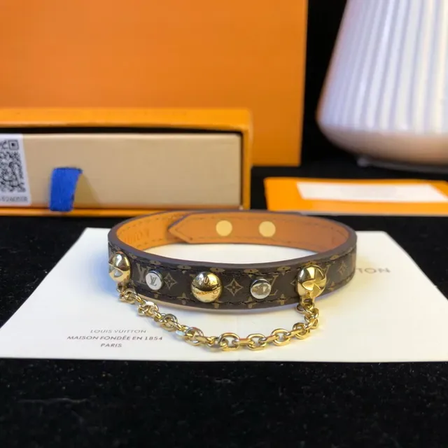 Louis Vuitton Brown Gold Monogram-Coated Leather Chain Accent Bracelet 8