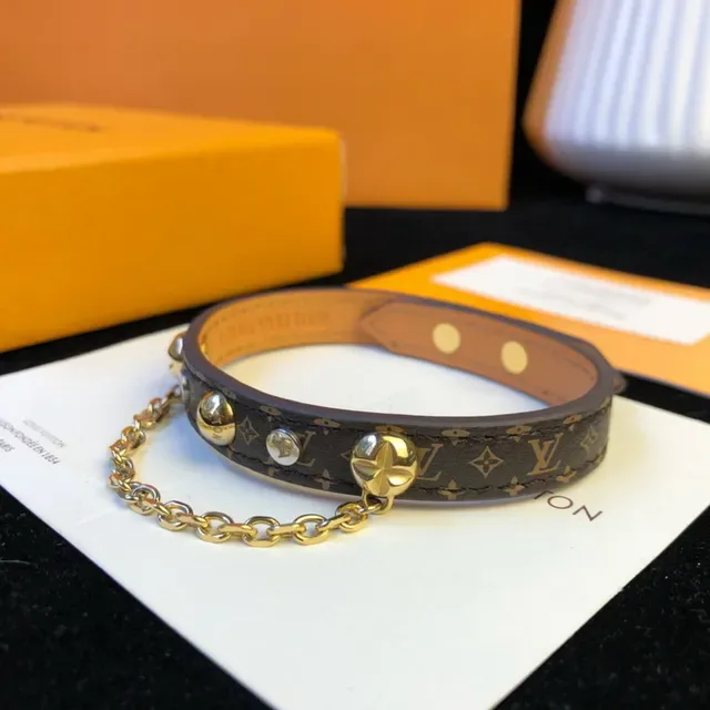Louis Vuitton Brown Gold Monogram-Coated Leather Chain Accent Bracelet 9