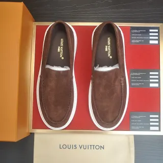 Louis Vuitton Marrom Branco Camurça Superior Moc-Toe Costura Mocassim