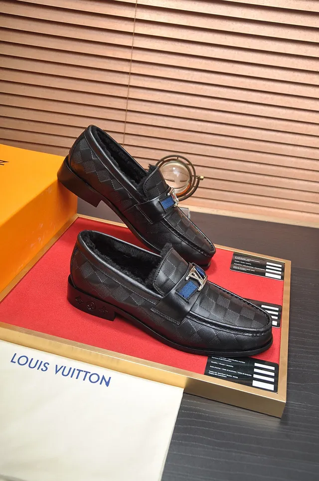 Louis Vuitton Damier Check Loafer Black Blue Leather Shearling-Lined Loafer 2