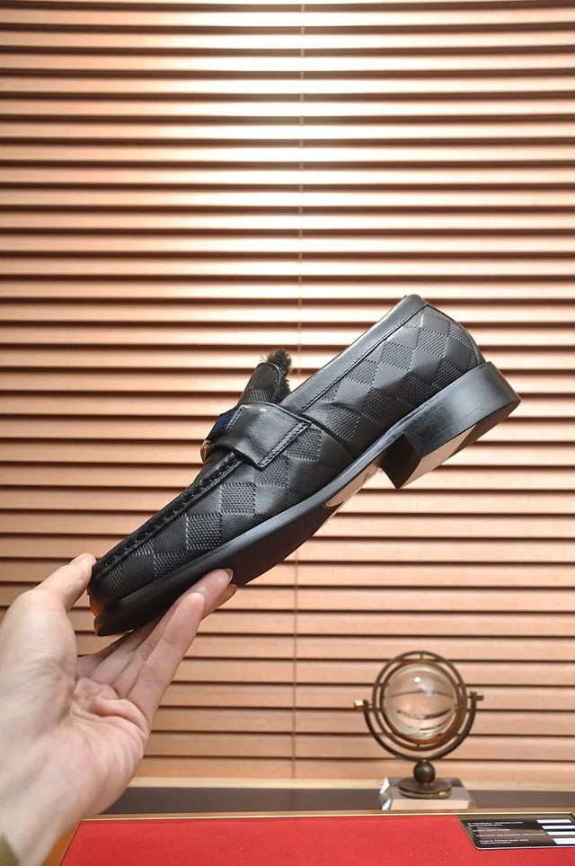 Louis Vuitton Damier Check Loafer Black Blue Leather Shearling-Lined Loafer 6
