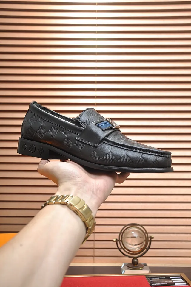 Louis Vuitton Damier Check Loafer Black Blue Leather Shearling-Lined Loafer 7