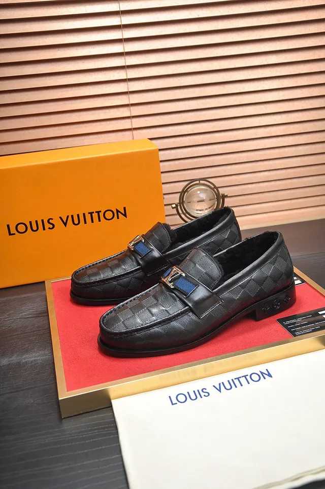 Louis Vuitton Damier Check Loafer Black Blue Leather Shearling-Lined Loafer 8