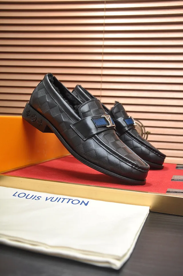 Louis Vuitton Damier Check Loafer Black Blue Leather Shearling-Lined Loafer 9