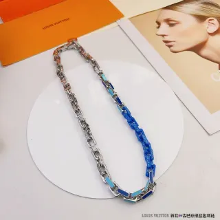 Louis Vuitton Enamel Cuban-Link Blue and Silver Necklace
