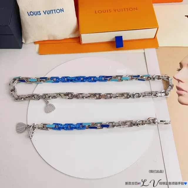 Louis Vuitton Enamel Cuban-Link Blue and Silver Necklace 5