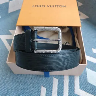 Louis Vuitton Epi Black Silver Texture Monogram-Studded Buckle Leather Belt