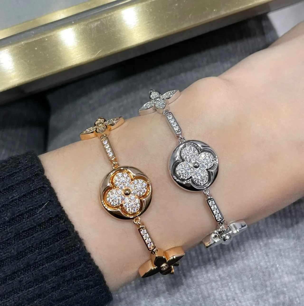 Louis Vuitton Floral Pavé Crystal Bracelet Gold Silver Links Mixed Metal Bracelet 9