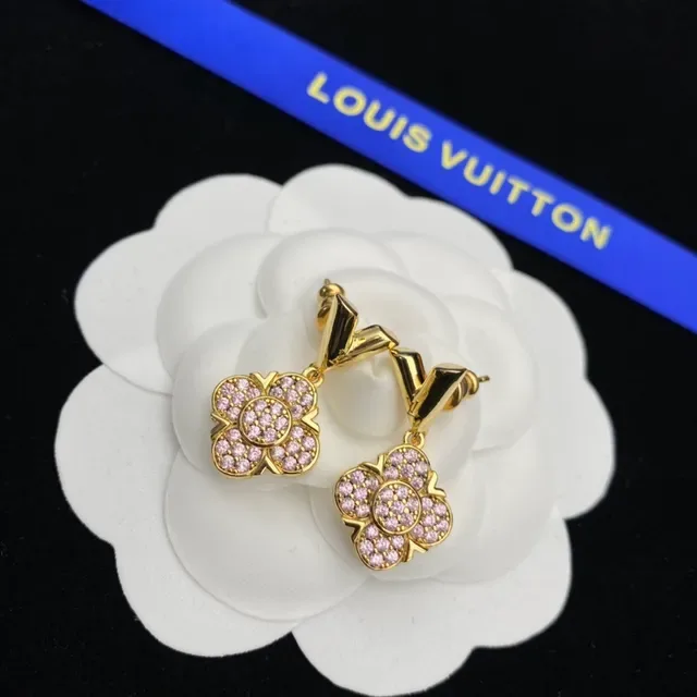 Brincos Louis Vuitton Florais Pavé Cristal Rosa Dourado 2