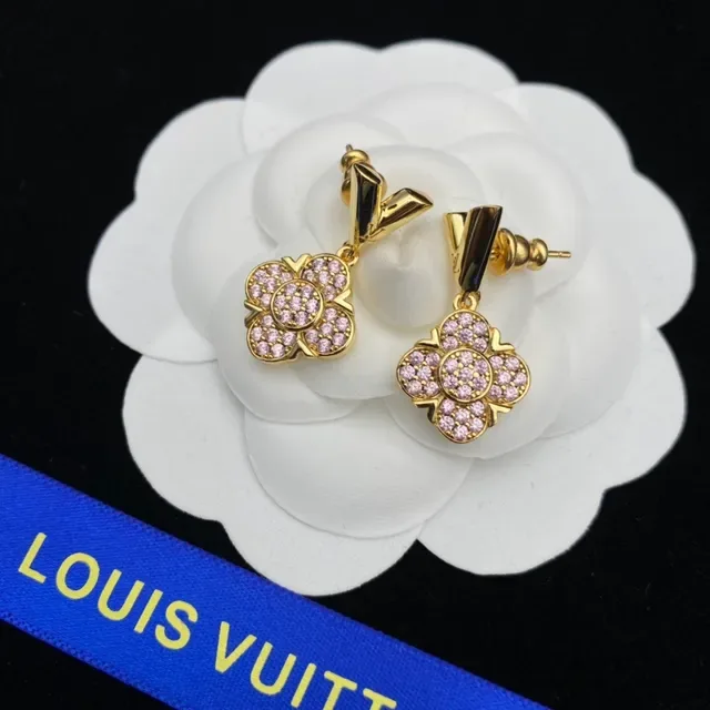 Brincos Louis Vuitton Florais Pavé Cristal Rosa Dourado 4