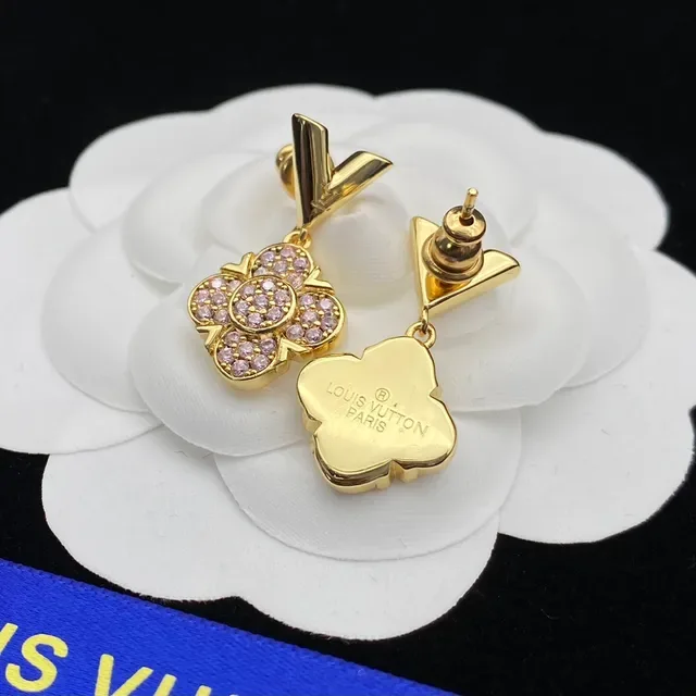 Brincos Louis Vuitton Florais Pavé Cristal Rosa Dourado 5