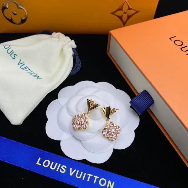 Brincos Louis Vuitton Florais Pavé Cristal Rosa Dourado 6