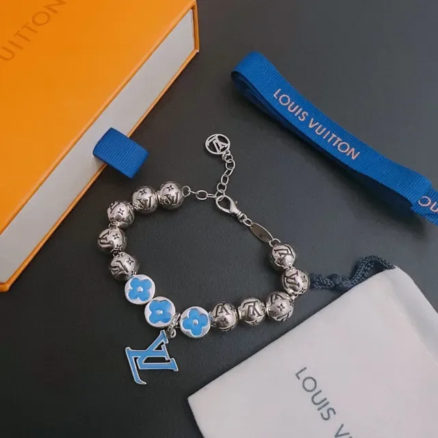Louis Vuitton Flower Monogram Silver Blue Beaded Monogrammed Bracelet 3