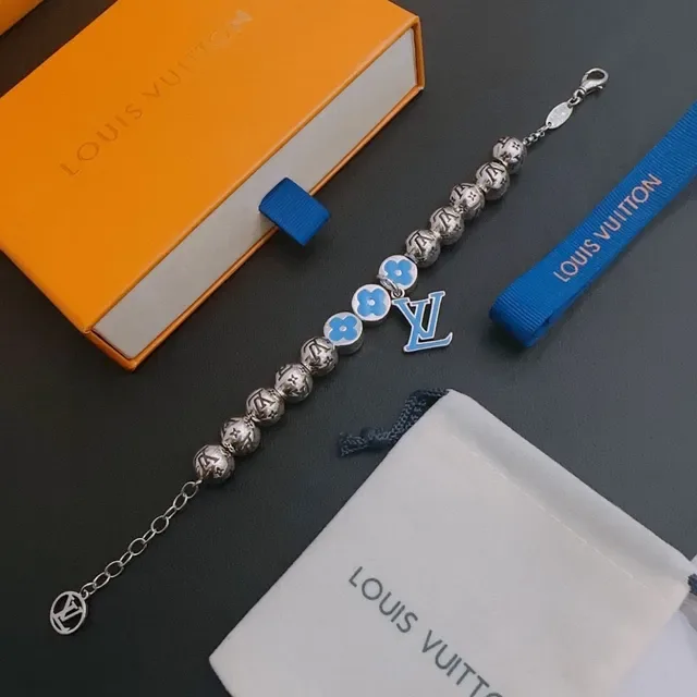 Louis Vuitton Flower Monogram Silver Blue Beaded Monogrammed Bracelet 6