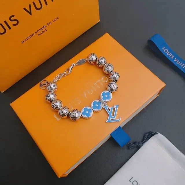 Louis Vuitton Flower Monogram Silver Blue Beaded Monogrammed Bracelet 8