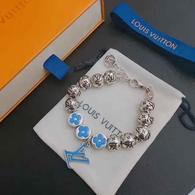 Louis Vuitton Flower Monogram Silver Blue Beaded Monogrammed Bracelet 9