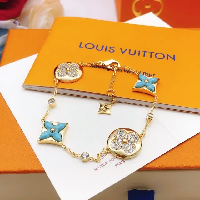 Bracelet Louis Vuitton Motif Floral Doré Émail Turquoise Cristal 3
