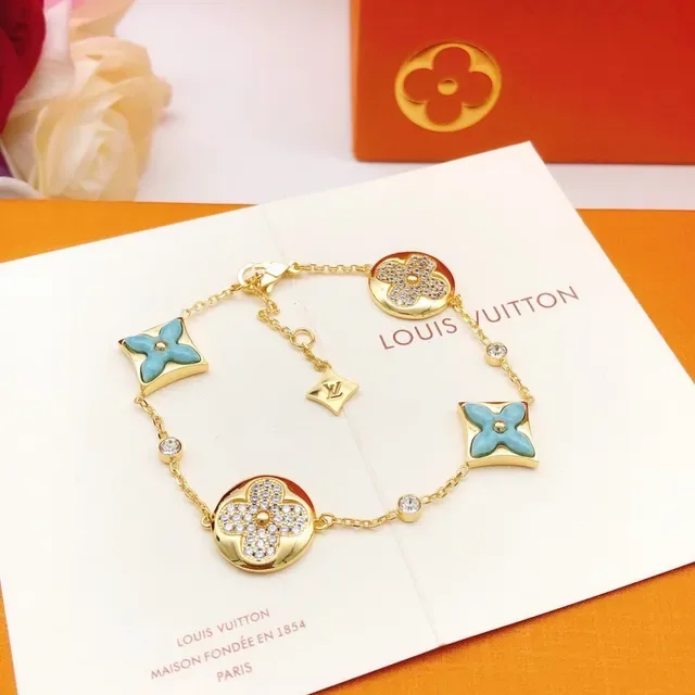 Bracelet Louis Vuitton Motif Floral Doré Émail Turquoise Cristal 4
