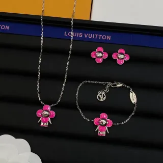 Louis Vuitton Flower Motif Pink Silver Enamel Floral Charm Chain Necklace