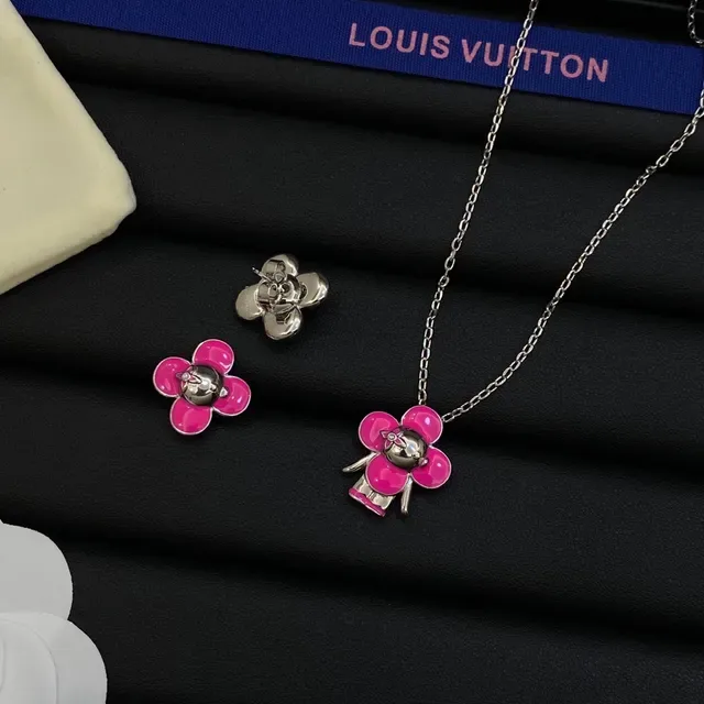 Louis Vuitton Flower Motif Pink Silver Enamel Floral Charm Chain Necklace 2