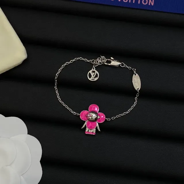 Louis Vuitton Flower Motif Pink Silver Enamel Floral Charm Chain Necklace 4