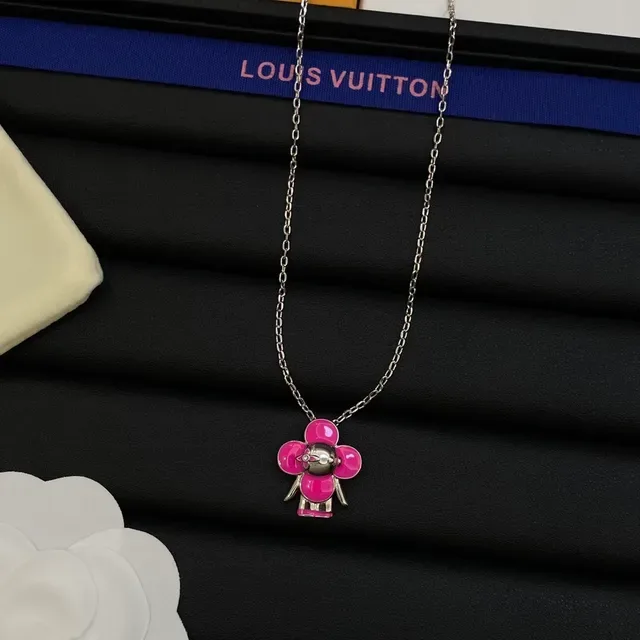 Louis Vuitton Flower Motif Pink Silver Enamel Floral Charm Chain Necklace 5