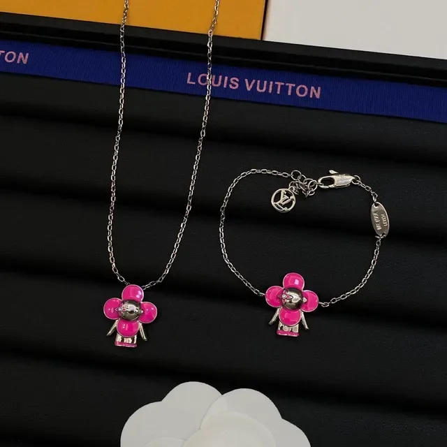 Louis Vuitton Flower Motif Pink Silver Enamel Floral Charm Chain Necklace 6