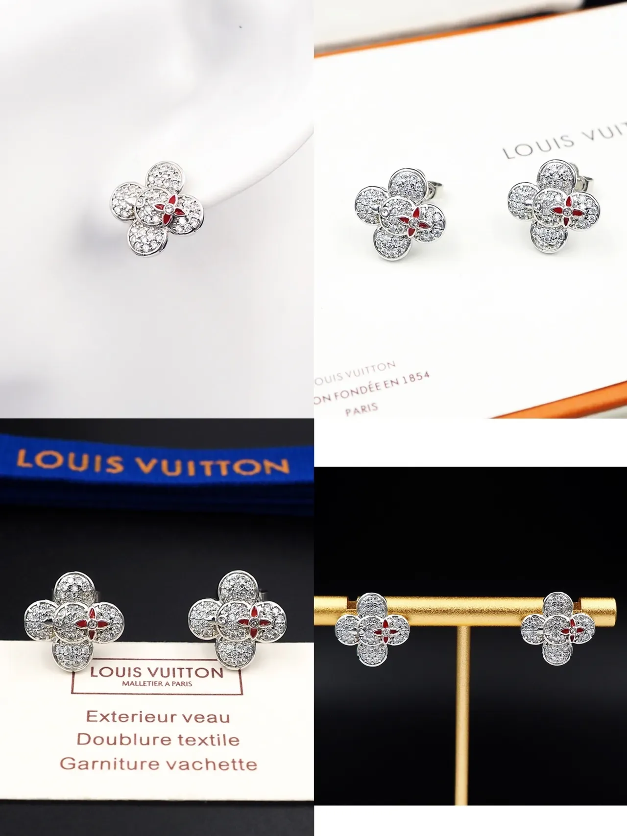 Louis Vuitton Flower Silver Red Pavé-Set Crystal Four-Petal Floral Motif Earrings 6