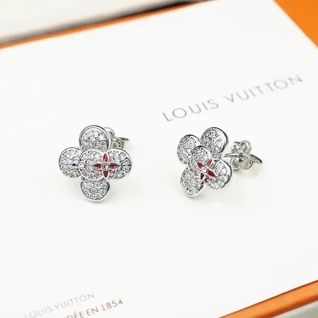 Louis Vuitton Flower Silver Red Pavé-Set Crystal Four-Petal Floral Motif Earrings 7