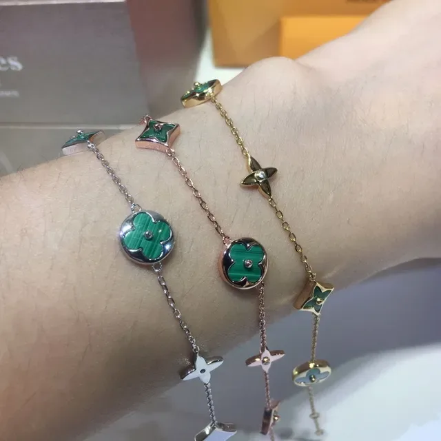 Louis Vuitton Flower & Star Green Malachite Charm Bracelet 9