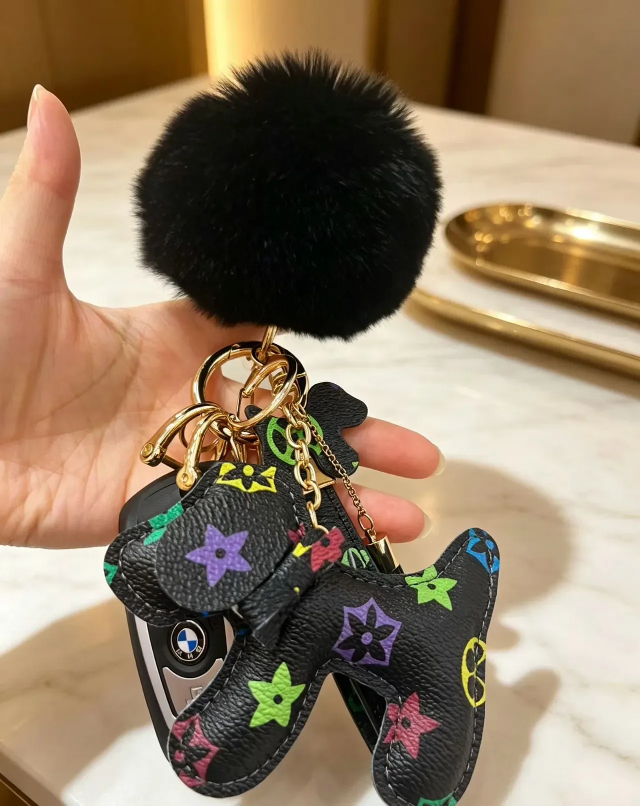 Louis Vuitton Giraffe Charm Black Multicolor Leather Monogram Flowers Handbag 2