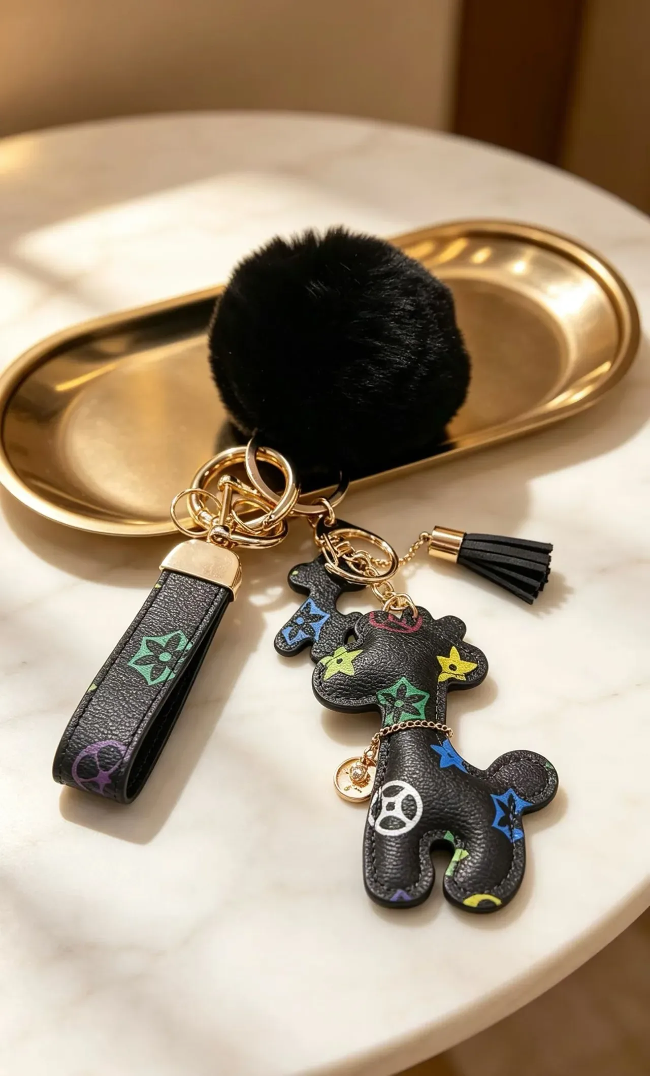 Louis Vuitton Giraffe Charm Black Multicolor Leather Monogram Flowers Handbag 5